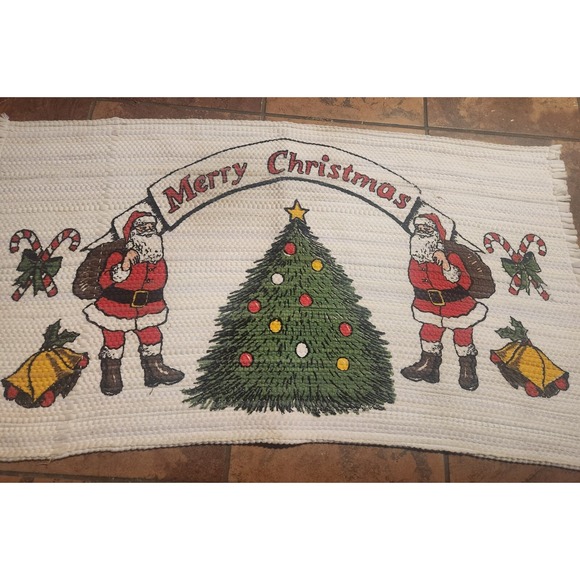 Vintage Christmas Rag Rug Santa Christmas Tree Bells Candy‎ Canes 24x44 - Picture 2 of 7